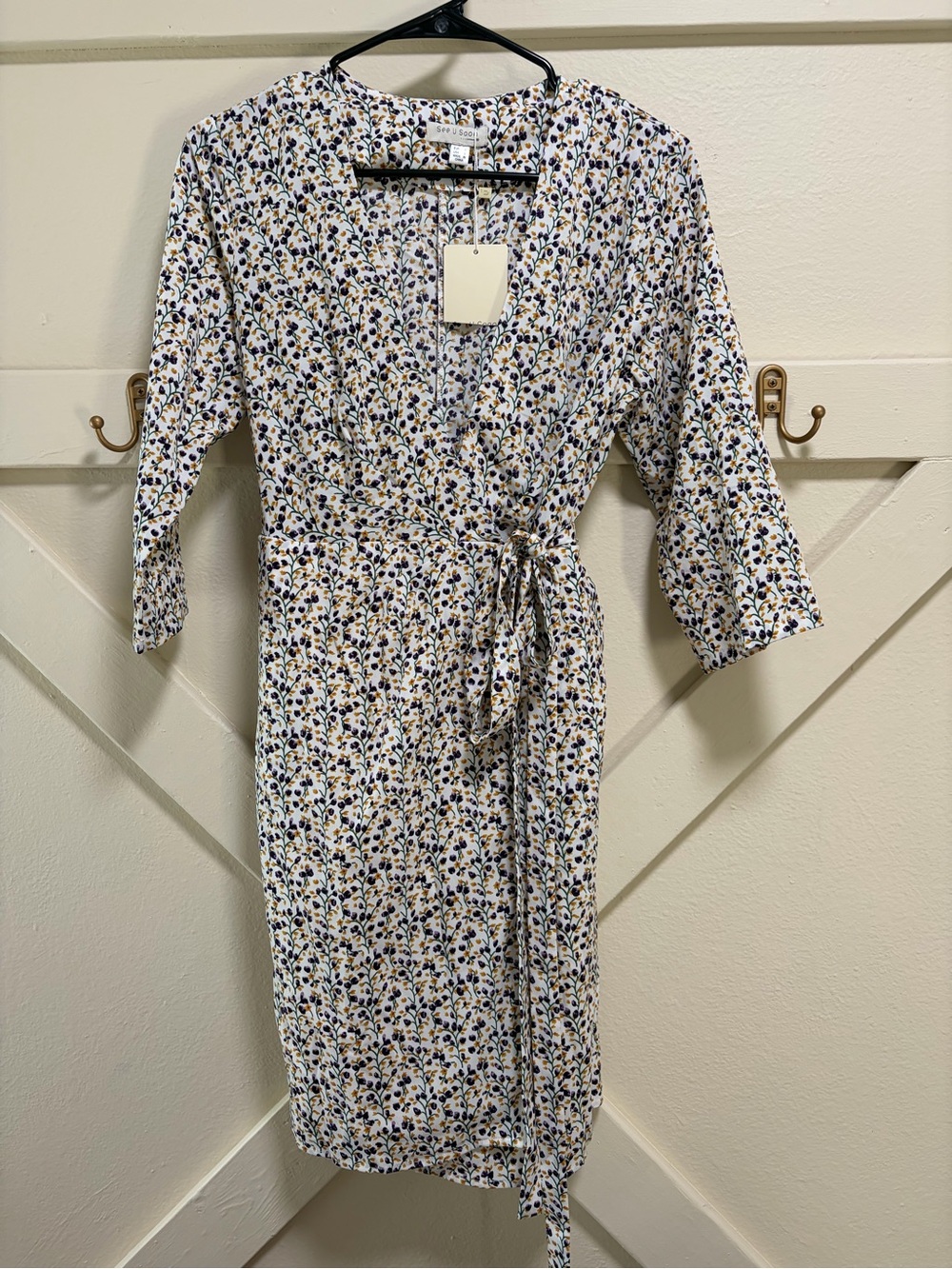 NWT Floral Wrap Dress in White with purple, green, & yellow - Classic Tie Waist